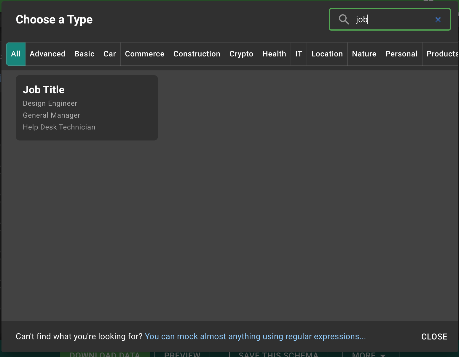 Screenshot of “Choose a Type” modal